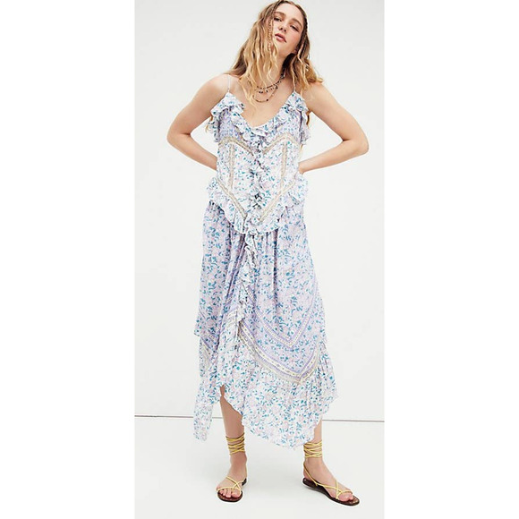New Free People Canyon Moon Maxi Top $248 X-SMALL Boho Floral Lace Ruffled - Picture 1 of 6